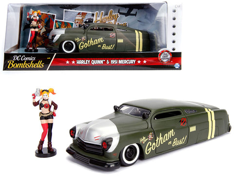 1951 Mercury Matte Green with Harley Quinn Diecast Figure "DC Comics" Series 1/24 Diecast Model Car by Jada