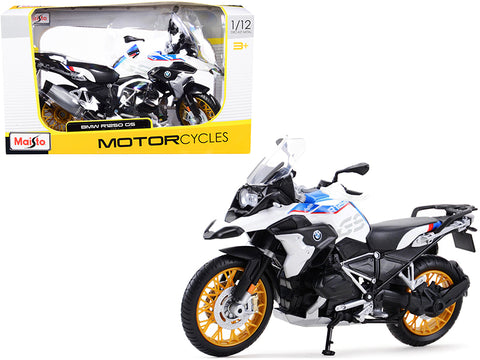 BMW R1250 GS White with Blue and Red Stripes 1/12 Diecast Motorcycle Model by Maisto