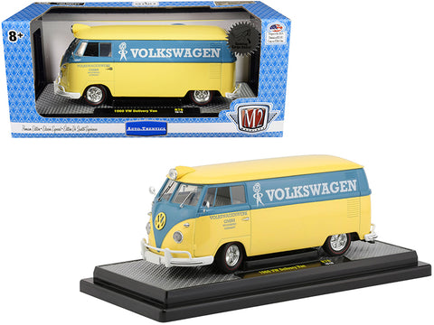 1960 Volkswagen Delivery Van Yukon Yellow Dove with Blue Stripe "Volkswagenwerk GMBH" Limited Edition to 5,880 pieces Worldwide 1/24 Diecast Model by M2 Machines