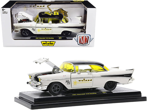 1957 Chevrolet 210 Hardtop "Weiand" Colonial Cream and Black with Graphics Limited Edition to 7,000 pieces Worldwide 1/24 Diecast Model Car by M2 Machines