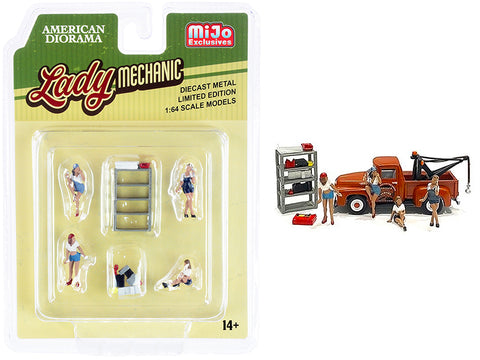 "Lady Mechanic" (6 Piece Set - 4 Figures and 2 Accessories) for 1/64 Scale Models by American Diorama