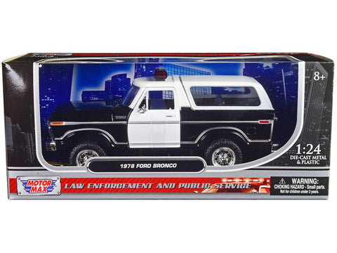 1978 Ford Bronco Police Car Unmarked Black and White "Law Enforcement and Public Service" Series 1/24 Diecast Model by Motormax