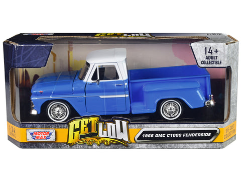 1966 GMC C1000 Fenderside Pickup Truck Lowrider Blue with White Top "Get Low" Series 1/24 Diecast Model by Motormax