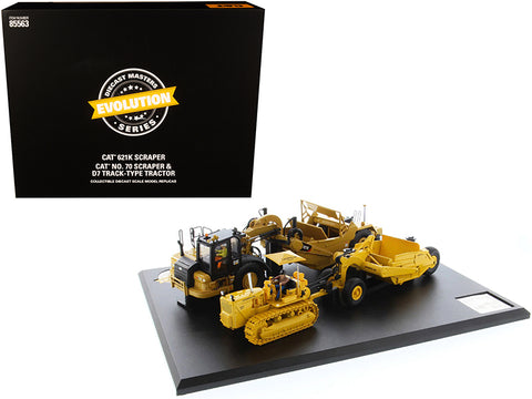 CAT Caterpillar 621K Tractor Scraper and a CAT Caterpillar D7 Track-Type Tractor with a No. 70 Scraper Set Evolution Series 1/50 Diecast Models by Diecast Masters