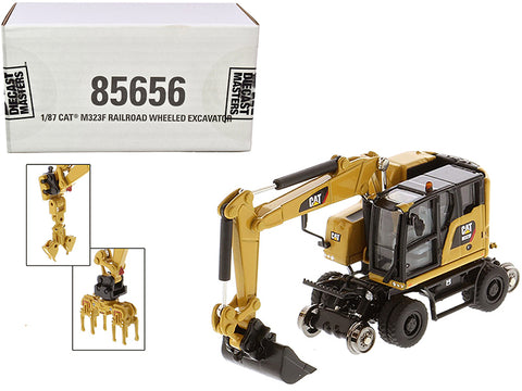 CAT Caterpillar M323F Railroad Wheeled Excavator with 3 Accessories (CAT Yellow Version) High Line Series 1/87 (HO) Scale Diecast Model by Diecast Masters