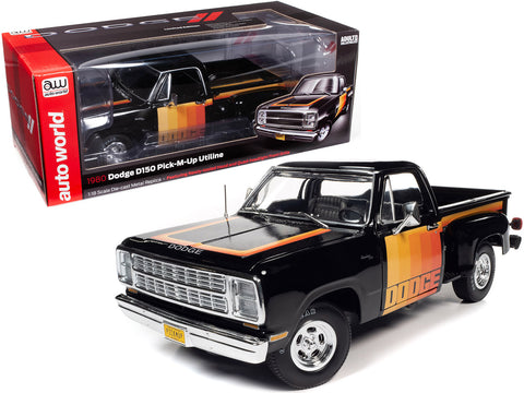 1980 Dodge D150 Pick-M-Up Utiline Pickup Truck Black with Stripes 1/18 Diecast Model by Autoworld