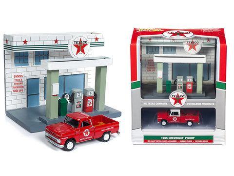 1965 Chevrolet Pickup Truck and Resin "Texaco" Service Station Diorama Set 1/64 Scale Diecast Model by Johnny Lightning