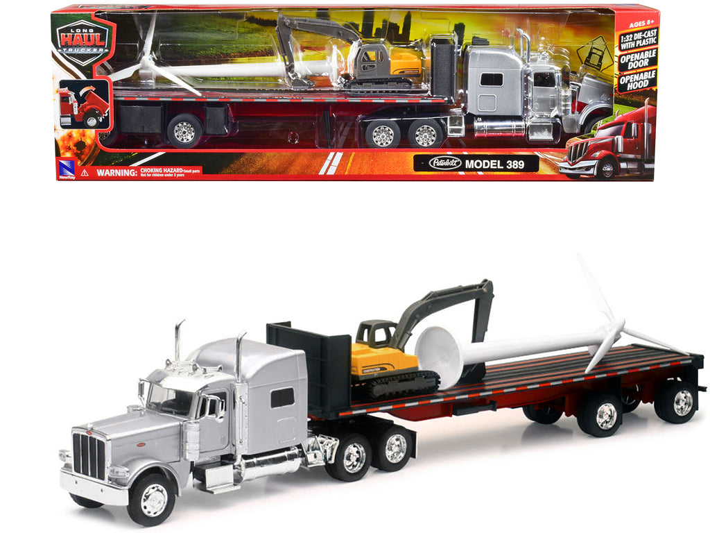 Peterbilt 389 Truck with Flatbed Trailer Silver Metallic