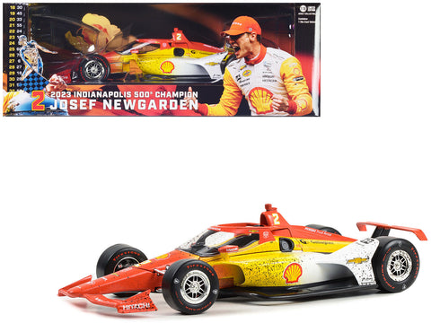 Dallara IndyCar #2 Josef Newgarden "Shell Oil" Team Penske "2023 Indianapolis 500 Champion" (Raced Version) "NTT IndyCar Series" (2023) 1/18 Diecast Model Car by Greenlight