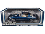 1980 Chevrolet Camaro Z28 with T-Tops Dark Blue Metallic with Stripes and Light Gray Interior 1/18 Diecast Model Car by Greenlight