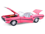 1970 Dodge Challenger R/T 440 Six Pack Panther Pink with Black Stripes White Top and White Interior 1/18 Diecast Model Car by Greenlight