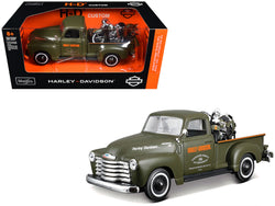 1950 Chevrolet 3100 Pickup Truck "Harley Davidson" Matet Green with a 1936 Harley Davidson El Knucklehead Motorcycle Matte Green "HD Custom" Series 1/24 Diecast Models by Maisto