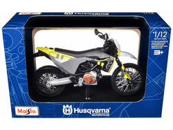 2023 Husqvarna 701 Supermoto Motorcycle Matte Black and Gray with Yellow and White Accents with Display Base 1/12 Diecast Model by Maisto