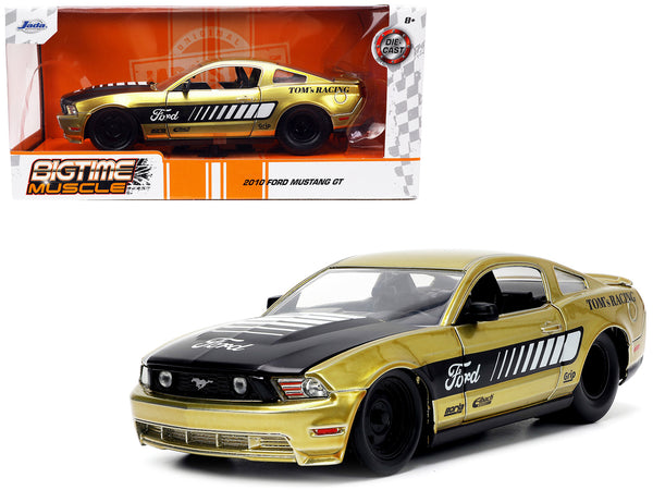 2010 Ford Mustang GT Gold Metallic with Black Graphics and Hood "Tom's Racing" "Bigtime Muscle" Series 1/24 Diecast Model Car by Jada