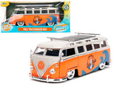 1962 Volkswagen Bus "Santa Monica Surf Club" Orange and White with Graphics with Roof Rack and Surfboard "Punch Buggy" Series 1/24 Diecast Model by Jada