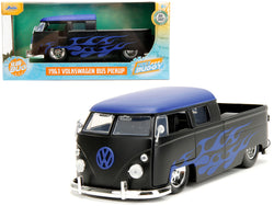 1963 Volkswagen Bus Pickup Truck Matte Black with Matte Blue Top and Flames Graphics "Punch Buggy" Series 1/24 Diecast Model by Jada