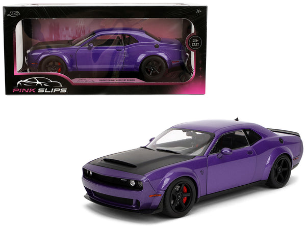 Dodge Challenger SRT Demon Purple Metallic with Matte Black Hood "Pink Slips" Series 1/18 Diecast Model Car by Jada