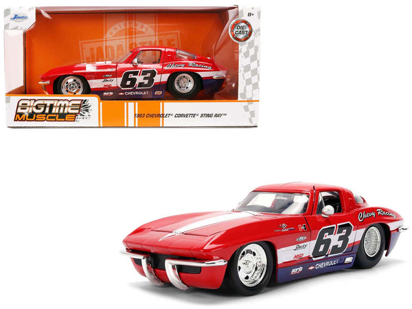 1963 Chevrolet Corvette Stingray #63 "Chevy Racing" Red with White and Blue Stripes "Bigtime Muscle" Series 1/24 Diecast Model Car by Jada
