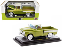 1958 Chevrolet Apache Cameo Pickup Truck Olive Green Metallic with Wimbledon White Top Limited Edition to 6250 pieces Worldwide 1/24 Diecast Model by M2 Machines