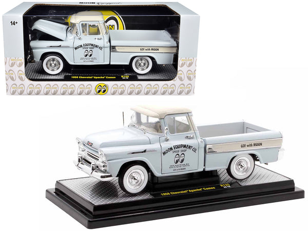 1958 Chevrolet Apache Cameo Pickup Truck "Mooneyes" Light Gray with White Top Limited Edition to 6650 pieces Worldwide 1/24 Diecast Model by M2 Machines