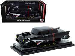 1957 Chevrolet 150 Sedan "Maj. Bruiser" Matte Black with Red Stripe and Shark Mouth Graphics Limited Edition to 6650 pieces Worldwide 1/24 Diecast Model Car by M2 Machines