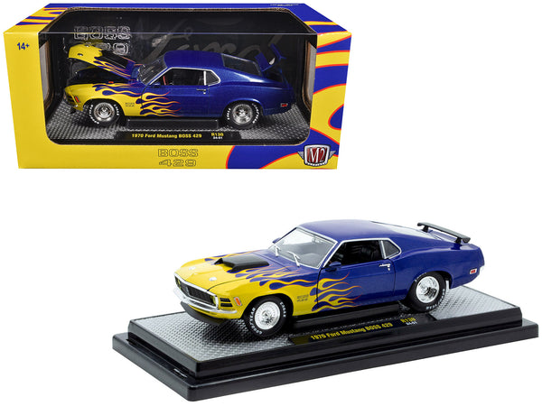 1970 Ford Mustang BOSS 429 Blue Metallic with Flame Graphics Limited Edition to 6,650 pieces Worldwide 1/24 Diecast Model Car by M2 Machines