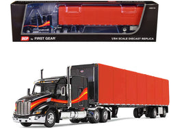 Peterbilt 579 with 72" Mid-Roof Sleeper and 53' Utility RollTarp Trailer Black and Red 1/64 Diecast Model by DCP/First Gear