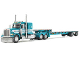 Peterbilt 379 with 48" Flat Top Sleeper and Transcraft Step Deck Trailer Teal with White Stripes 1/64 Diecast Model by DCP/First Gear