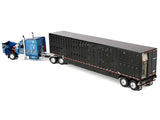 Peterbilt 589 with 72" Mid-Roof Sleeper and Wilson Silverstar Livestock Trailer Bright Blue with Black Stripes and Trailer 1/64 Diecast Model by DCP/First Gear