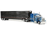 Peterbilt 589 with 72" Mid-Roof Sleeper and Wilson Silverstar Livestock Trailer Bright Blue with Black Stripes and Trailer 1/64 Diecast Model by DCP/First Gear