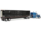 Peterbilt 589 with 72" Mid-Roof Sleeper and Wilson Silverstar Livestock Trailer Bright Blue with Black Stripes and Trailer 1/64 Diecast Model by DCP/First Gear