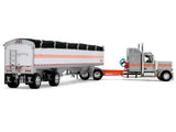Peterbilt 589 with 58" Mid-Roof Sleeper and 50' Wilson Pacesetter Grain Trailer Silver Metallic with Orange Stripes 1/64 Diecast Model by DCP/First Gear
