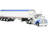 Kenworth W990 Day Cab and Lode King Distinction Hopper Trailer White and Blue 1/64 Diecast Model by DCP/First Gear