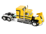 Ford LTL 9000 with 60" Aerodyne Sleeper and 53' Wilson Roadbrute Flatbed Trailer with Covered Wagon Yellow with Black Stripes 1/64 Diecast Model by DCP/First Gear
