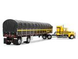 Ford LTL 9000 with 60" Aerodyne Sleeper and 53' Wilson Roadbrute Flatbed Trailer with Covered Wagon Yellow with Black Stripes 1/64 Diecast Model by DCP/First Gear