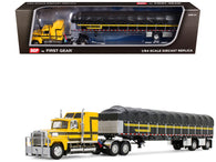 Ford LTL 9000 with 60" Aerodyne Sleeper and 53' Wilson Roadbrute Flatbed Trailer with Covered Wagon Yellow with Black Stripes 1/64 Diecast Model by DCP/First Gear
