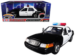 2001 Ford Crown Victoria Police Car Plain Black & White with Flashing Light Bar, Front and Rear Lights and Sound 1/18 Diecast Model Car by Motormax
