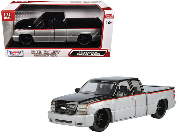 2006 Chevrolet Silverado Custom Pickup Truck Silver Metallic and Black with Red Stripes "Die-Cast Collection" Series 1/25 Diecast Model by Motormax