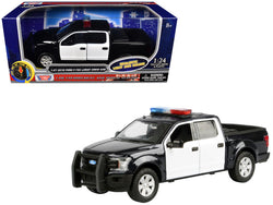 2019 Ford F-150 Lariat Crew Cab Pickup Truck Black and White with Flashing Light Bar and Front and Rear Lights and Sounds 1/27 Diecast Model by Motormax