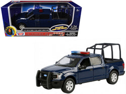 2019 Ford F-150 Lariat Crew Cab Pickup Truck with Bed Cage Dark Blue with Flashing Light Bar and Front and Rear Lights and Sounds 1/27 Diecast Model by Motormax