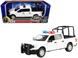 2019 Ford F-150 Lariat Crew Cab Pickup Truck with Bed Cage White with Flashing Light Bar and Front and Rear Lights and Sounds 1/27 Diecast Model by Motormax