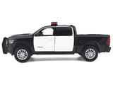 2019 RAM 1500 Laramie Crew Cab Pickup Truck Black and White with Flashing Light Bar and Front and Rear Lights and Sounds 1/27 Diecast Model Car by Motormax