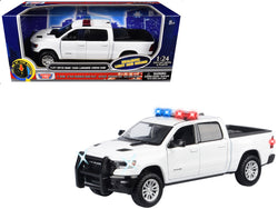 2019 RAM 1500 Laramie Crew Cab Pickup Truck White with Flashing Light Bar and Front and Rear Lights and Sounds 1/24-1/27 Diecast Model by Motormax