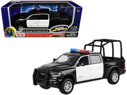 2019 RAM 1500 Laramie Crew Cab Pickup Truck with Bed Cage Black and White with Flashing Light Bar and Front and Rear Lights and Sounds 1/27 Diecast Model by Motormax