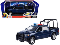 2019 RAM 1500 Laramie Crew Cab Pickup Truck with Bed Cage Dark Blue with Flashing Light Bar and Front and Rear Lights and Sounds 1/27 Diecast Model by Motormax
