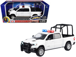 2019 RAM 1500 Laramie Crew Cab Pickup Truck with Bed Cage White with Flashing Light Bar and Front and Rear Lights and Sounds 1/27 Diecast Model by Motormax