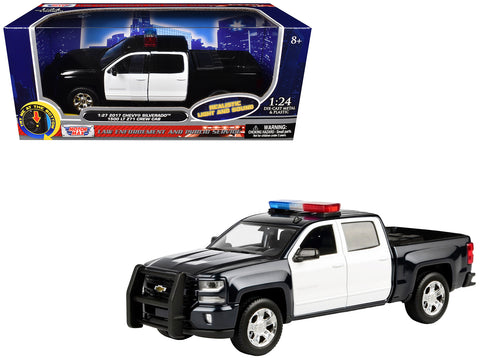 2017 Chevrolet Silverado 1500 LT Z71 Crew Cab Pickup Truck Black and White with Flashing Light Bar and Front and Rear Lights and Sounds 1/27 Diecast Model by Motormax