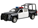 2017 Chevrolet Silverado 1500 LT Z71 Crew Cab Pickup Truck with Bed Cage Black and White with Flashing Light Bar and Front and Rear Lights and Sounds 1/27 Diecast Model Car by Motormax