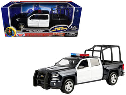 2017 Chevrolet Silverado 1500 LT Z71 Crew Cab Pickup Truck with Bed Cage Black and White with Flashing Light Bar and Front and Rear Lights and Sounds 1/27 Diecast Model by Motormax