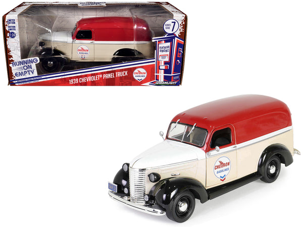 1939 Chevrolet Panel Truck "Chevron Gasolines" Red and Beige with White Hood and Stripes "Running on Empty" Series 7 1/24 Diecast Model by Greenlight